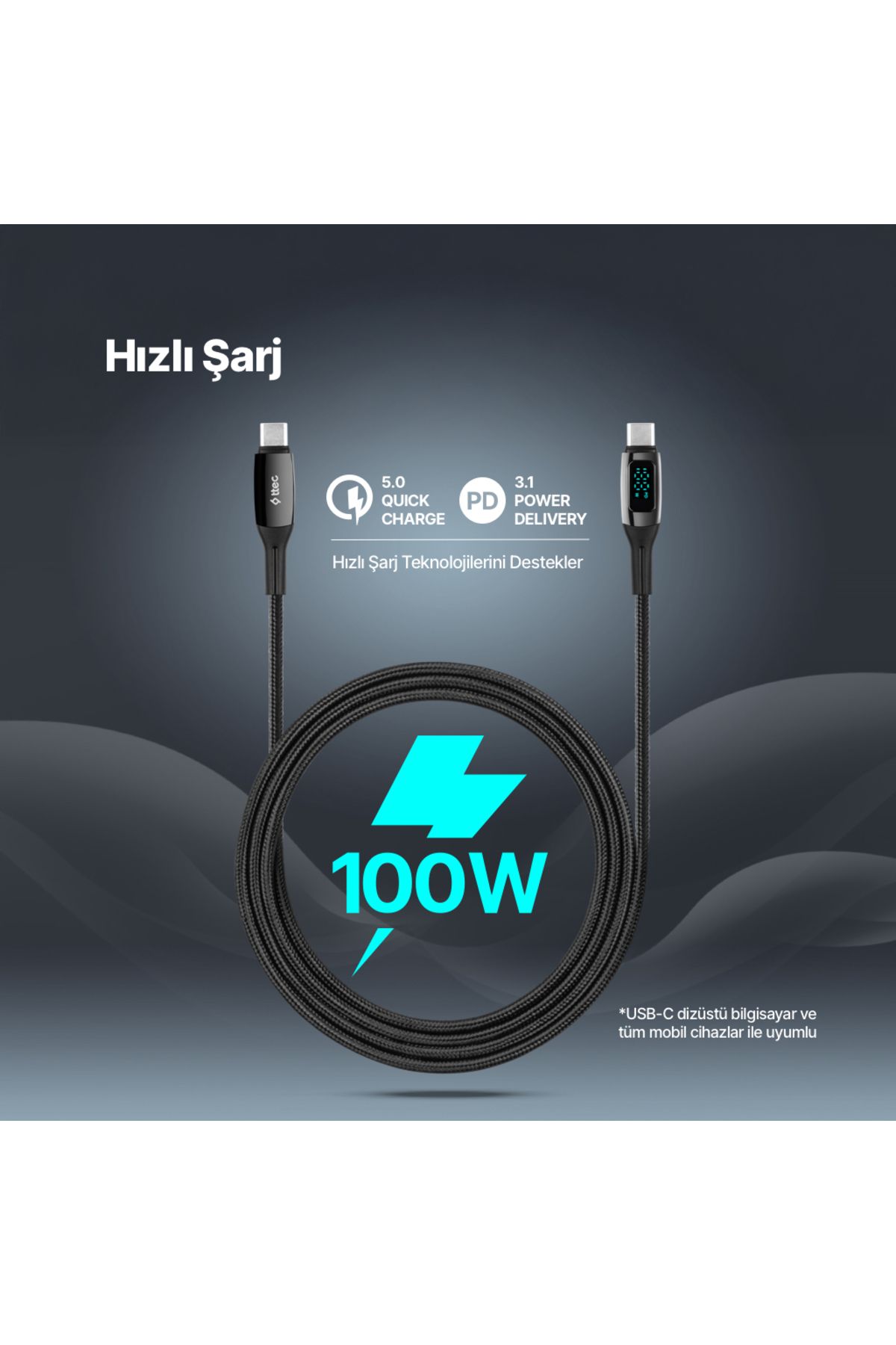 Ttec AlumiCable LCD USB-C – USB-C 100W PD/QC 150cm Hızlı Şarj/Data Kablosu ,Siyah