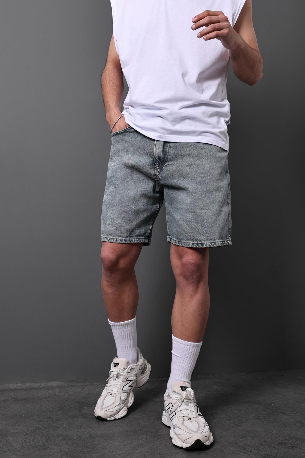 Slatra Erkek Mavi Change Direction Taşlı Diz Üstü Denim Şort
