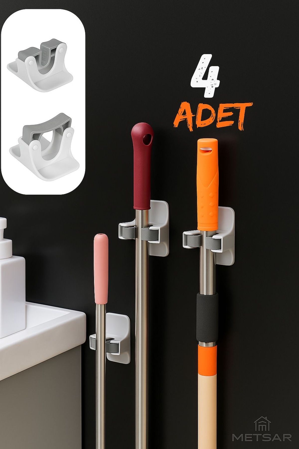 Metsar Home 4 Adet Çok Amaçlı Paspas, Süpürge, Fırça Ve Mob Askısı-Sap Tutucu Mutfak Ve Banyo Askısı