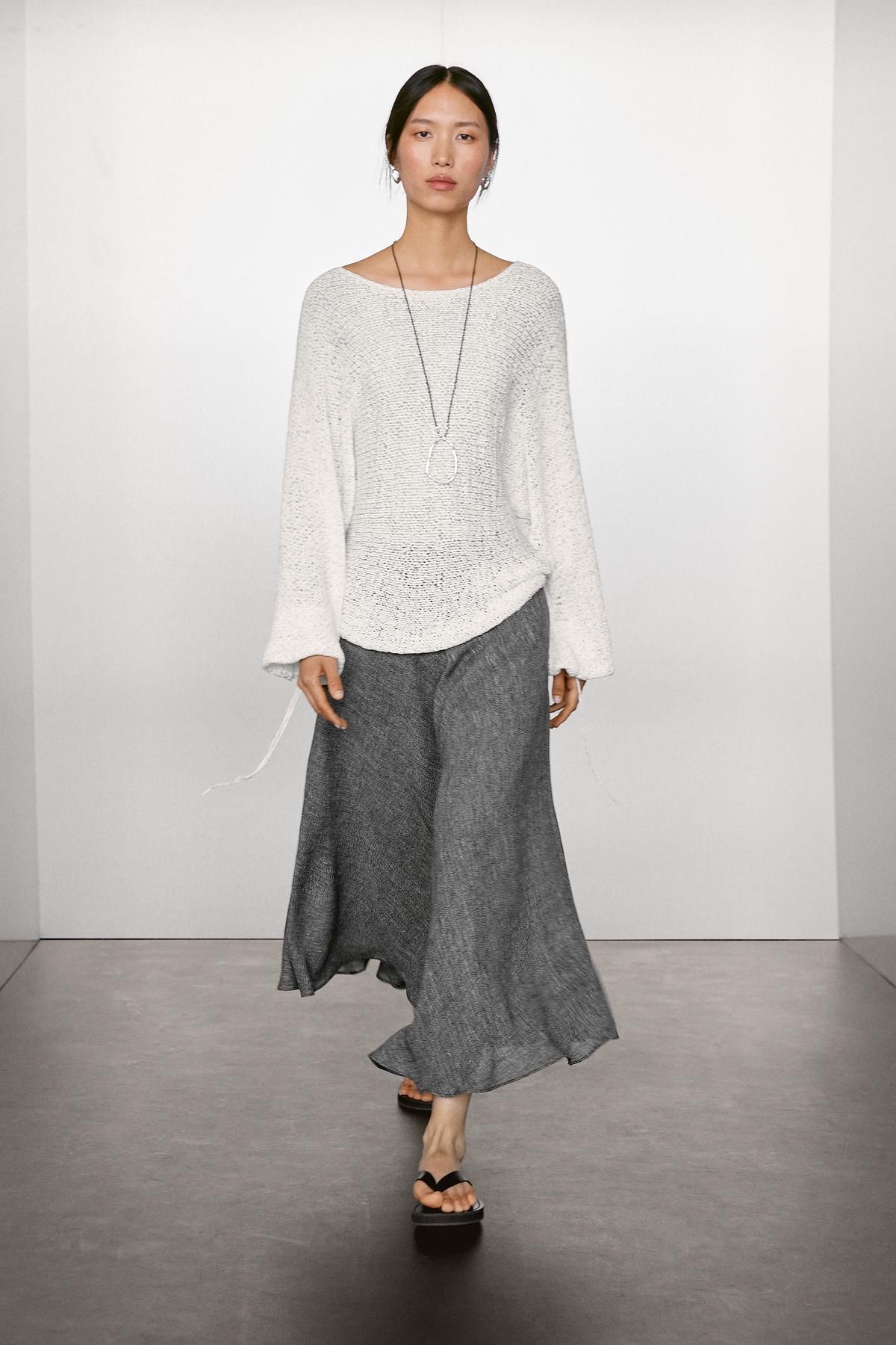Massimo Dutti Volanlı keten karışımlı midi etek