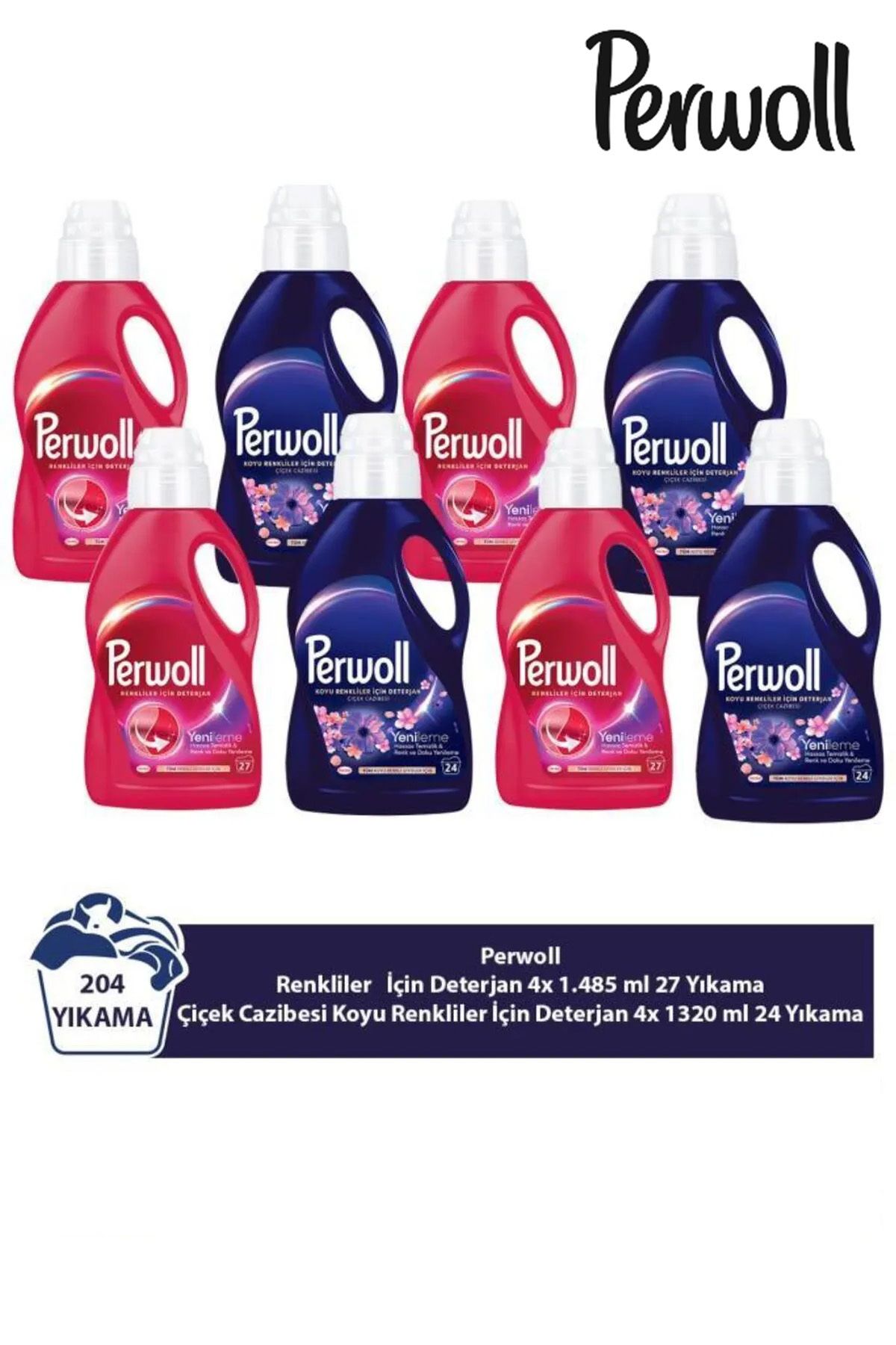 Perwoll Yenileme Renkliler 4x 1.485 ml 27 Yıkama & Çiçek Cazibesi Koyu Renkler 4x 1.320 ml 24 Yıkam