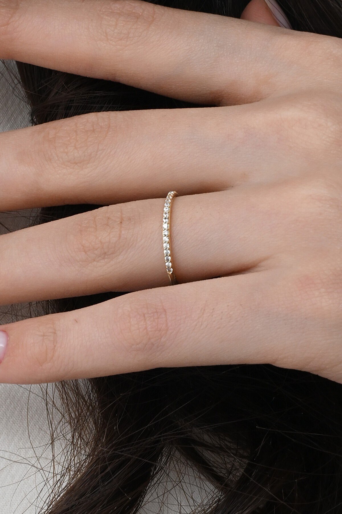 Söğütlü Silver Gümüş Altın Yaldızlı Yarım Tur Zirkon Taşlı Thin Yüzük