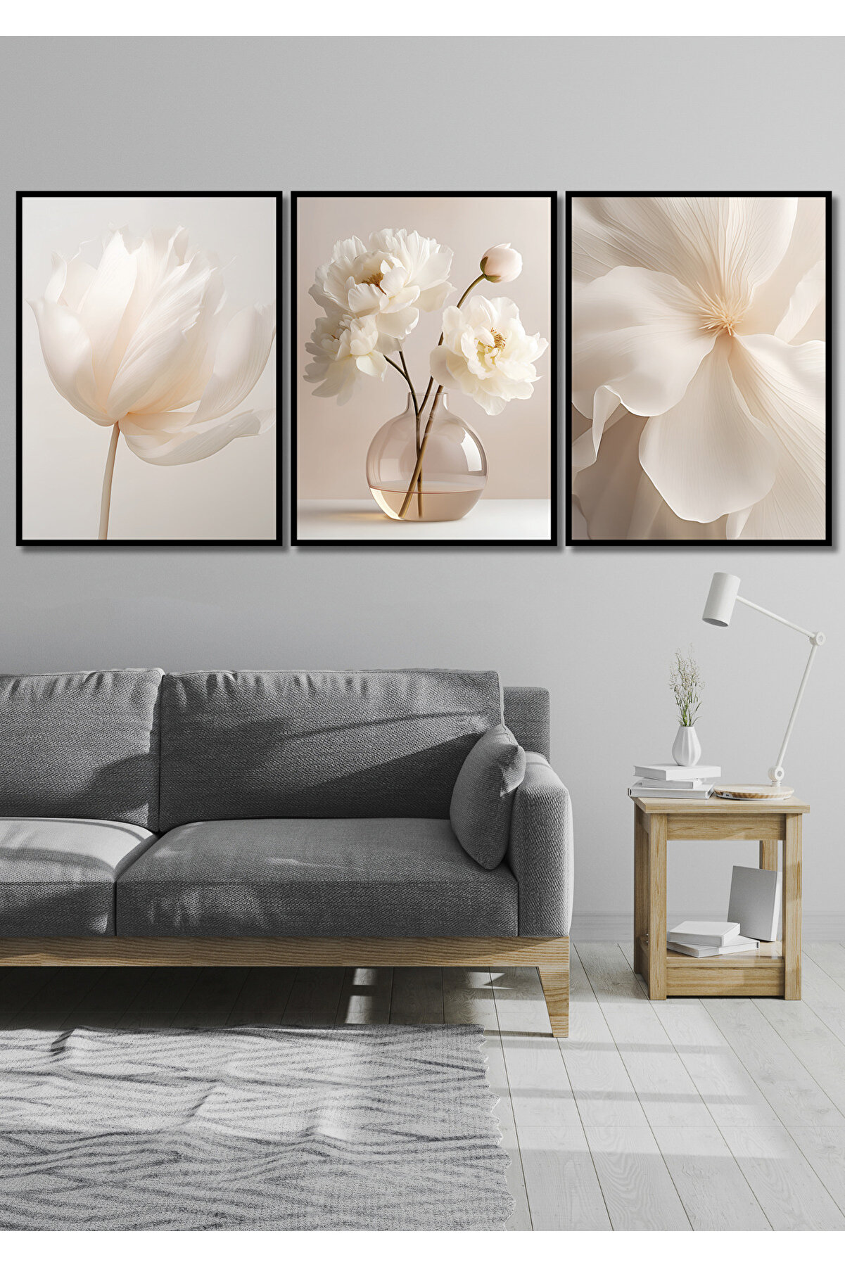 NT Handmade Siyah Çerçeve 3lü Beyaz Çiçek Duvar Dekoru - Tablo Seti