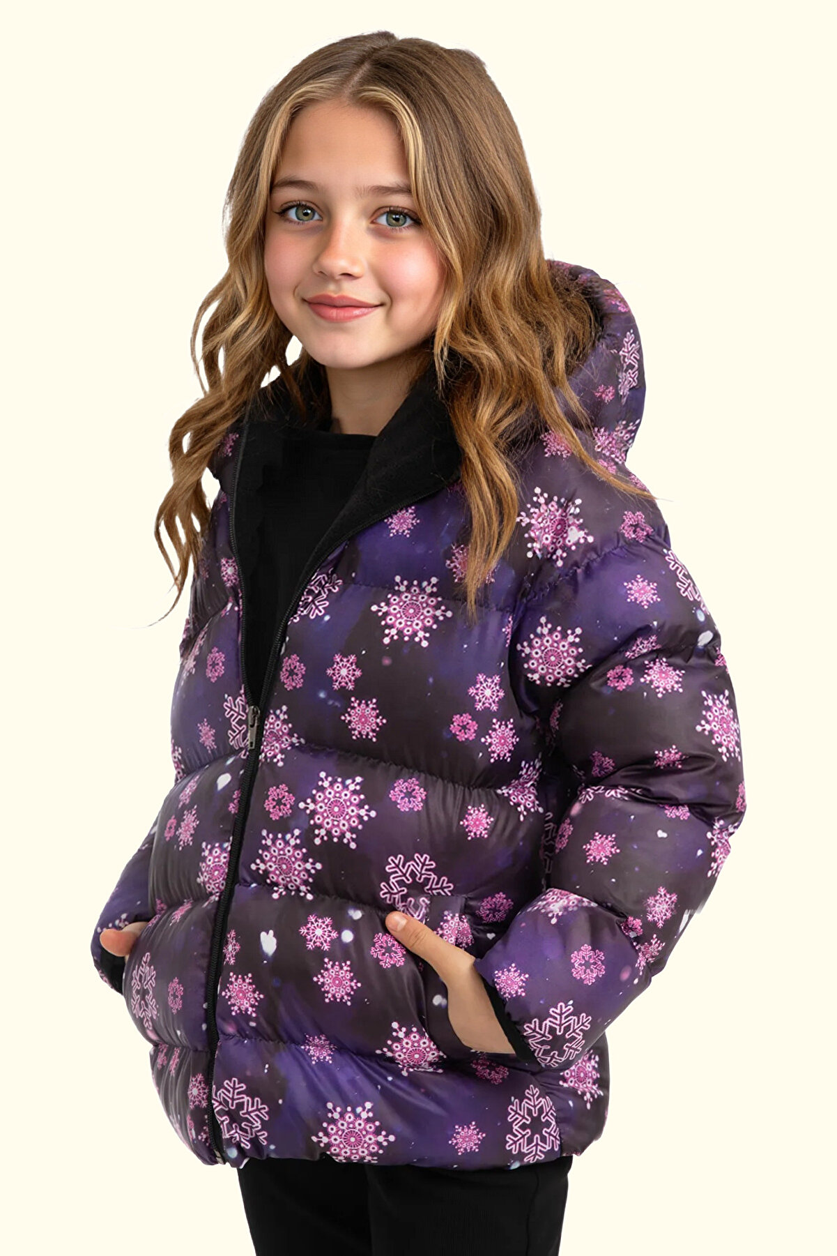 Firststops Kız Çocuk Mor Kar Tanesi Desen İçi Polar Kışlık Mont
