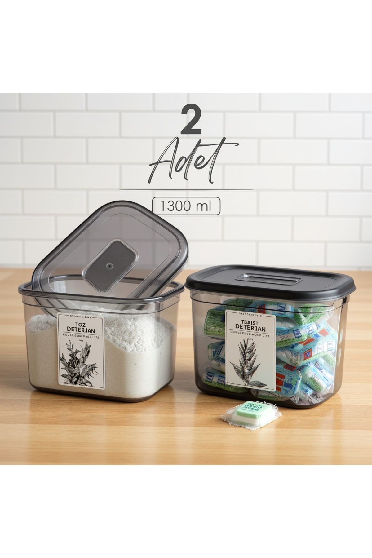 Justyol 2'li 1300 ml Büyük Boy Deterjan Saklama Kutusu – Toz ve Tablet Deterjan Seti, Dikdörtgen Kapaklı