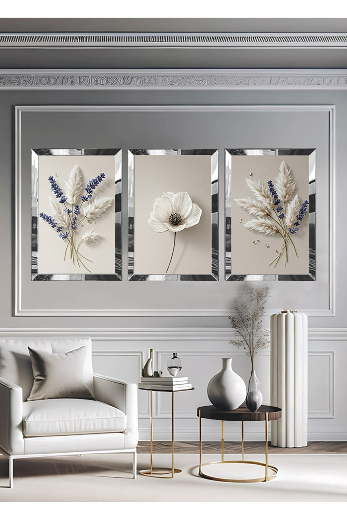 YOKTAYOK Pleksi Çerçeveli Lavanta Pamuk Tablo 3lü | Doğal ve Modern Dekorasyon