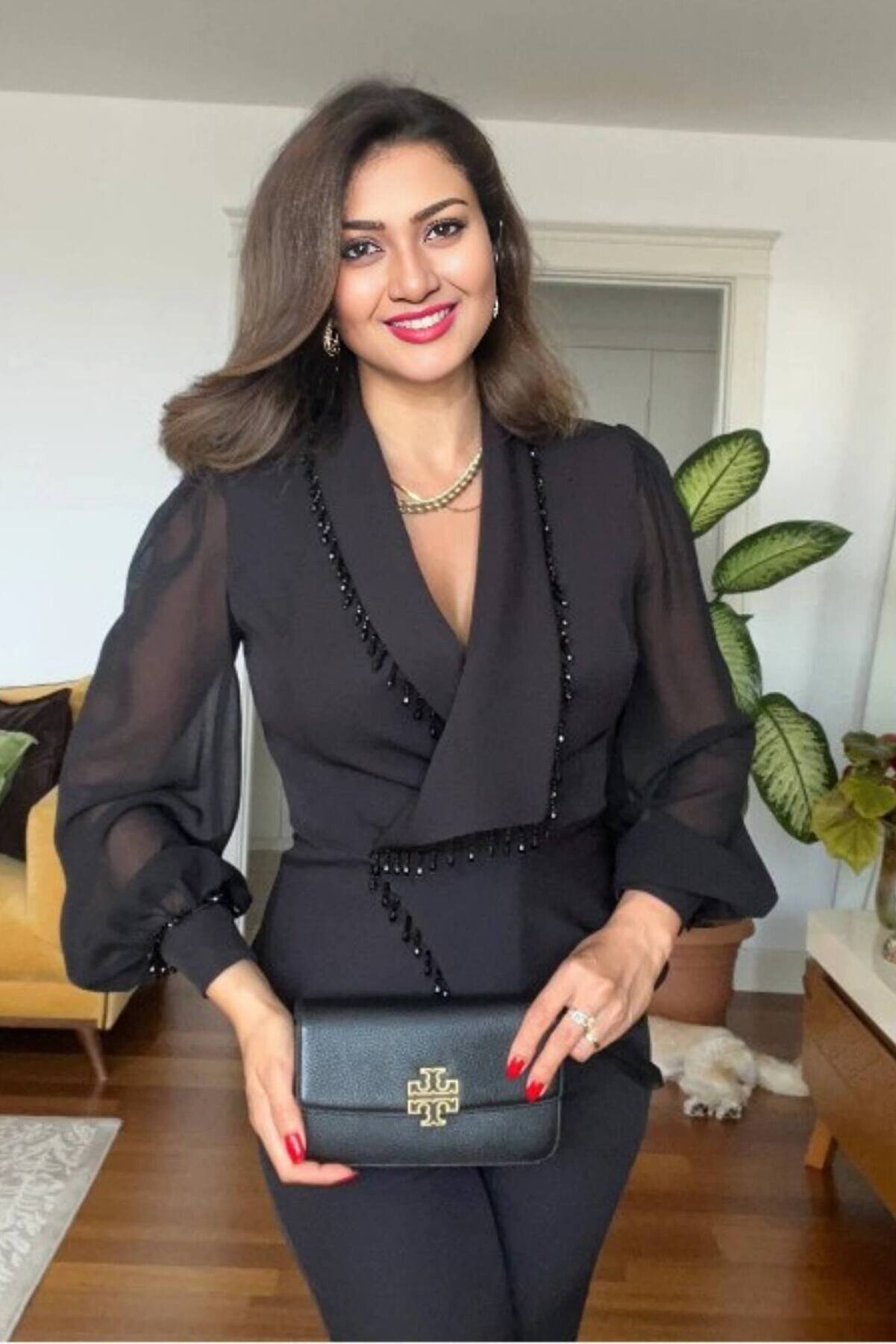 ZISHAN Büyük Beden Siyah Abiye İkili Takım – Şifon Kol & Taş Detaylı Ceketli Pantolon Takımı 415