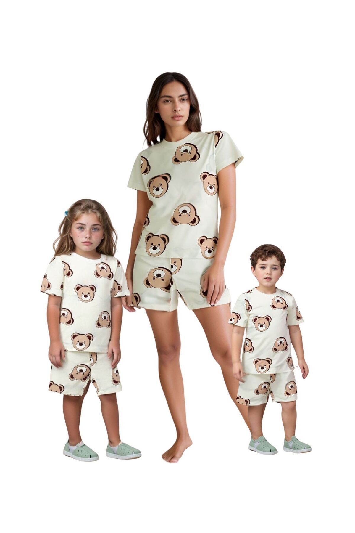 Drop Kids Anne Çocuk Kombin Pijama Takımı A.kahve Ayıcık Desen Kısakol Şort (TEK TEK SATILMAKTADIR)