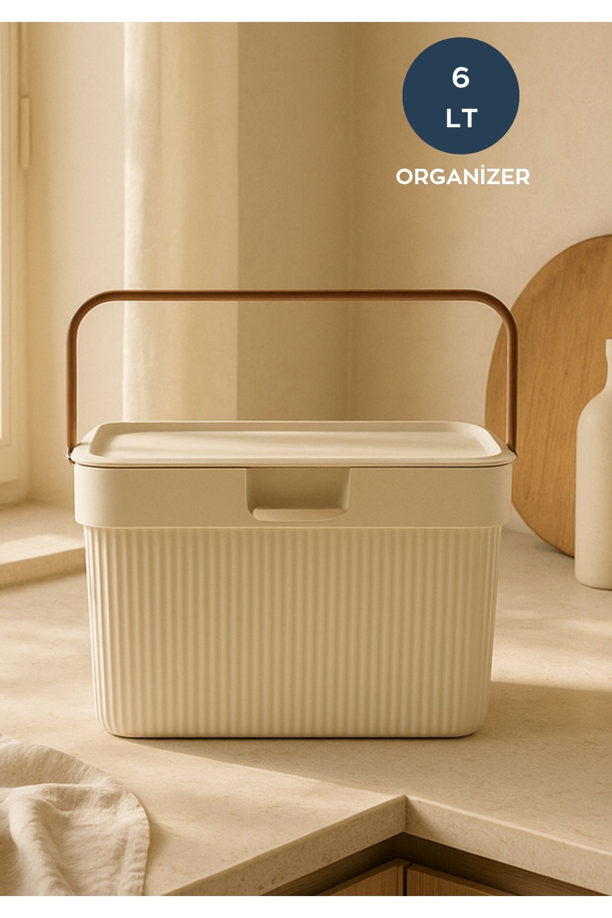 HOMİNG Homing Krem Çok Amaçlı Kulplu Kapaklı Deterjan Saklama Kutusu Organizer 6lt