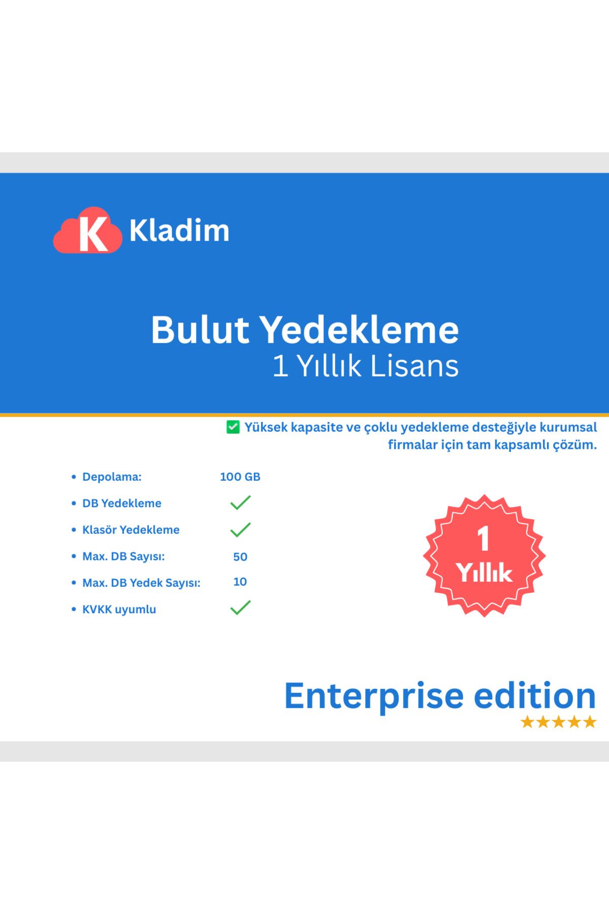 Kladim Bulut Yedekleme-yıllık Enterprise-windows Uyumlu Sql & Dosya Backup-yerli Sunucu-ssl Güvenlik