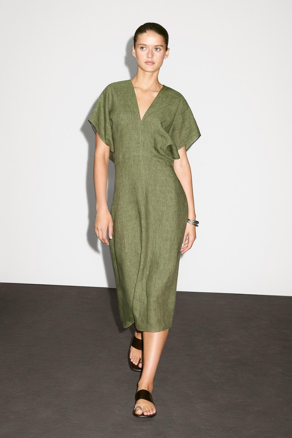 Massimo Dutti Kısa kollu keten midi elbise
