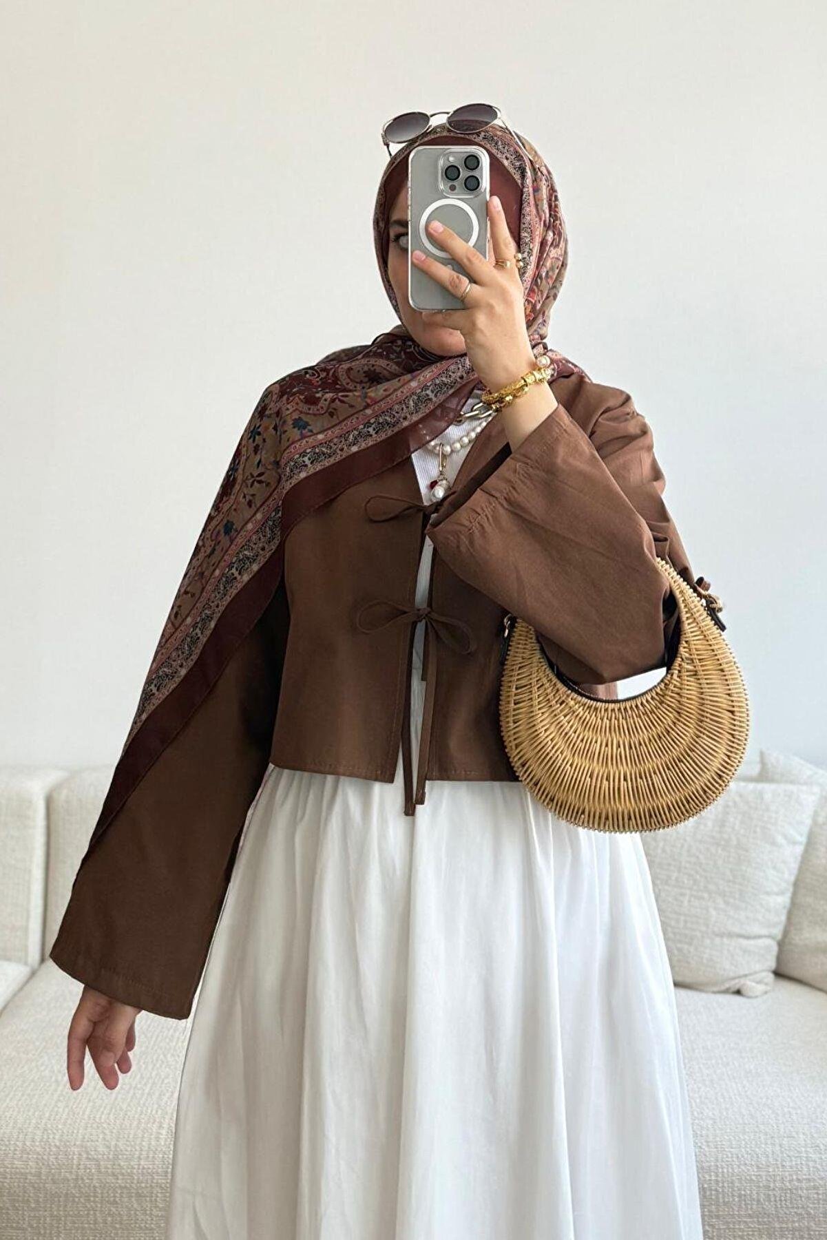 Giyim Gezegeni Önü Bağlamalı 2 Bağcıklı Kahverengi Kimono Gömlek