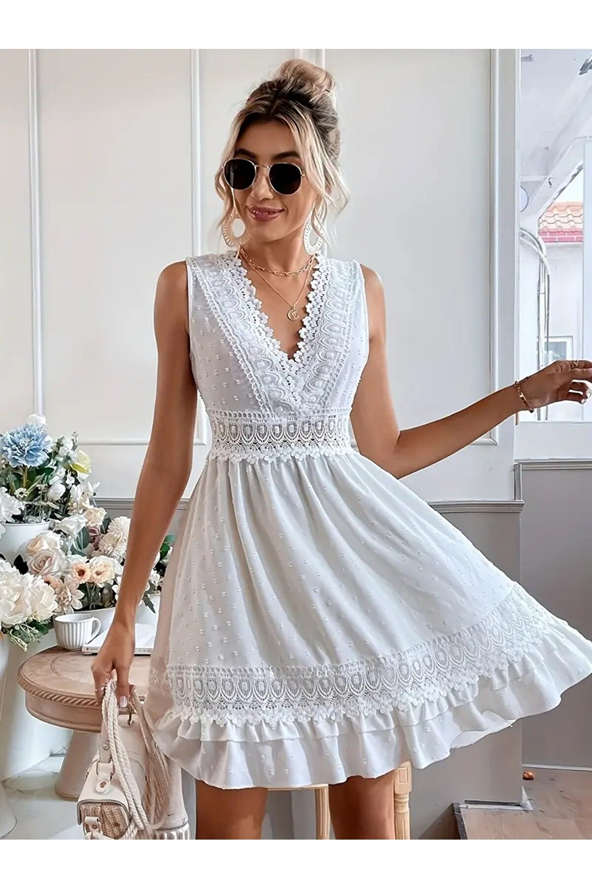 Dumantekstil Dantel Detaylı Kadın Elbise Tatil Stili Hafif Kumaş Şık Kolsuz