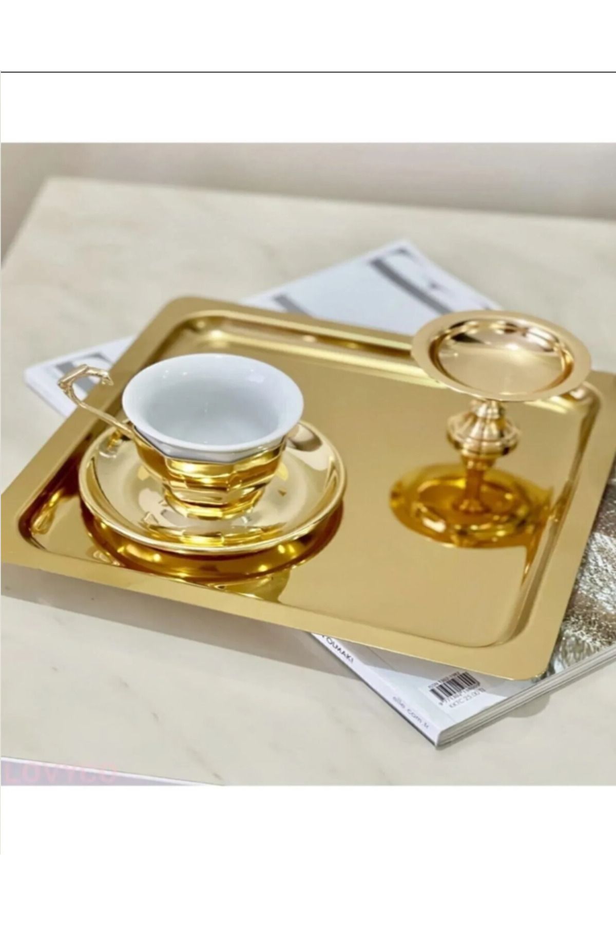 Abant 6 Adet Parlak Tek Taraflı Gold Altın Kare Paslanmaz Çelik Kahve Servis Sunum Tepsi (21X21CM) T