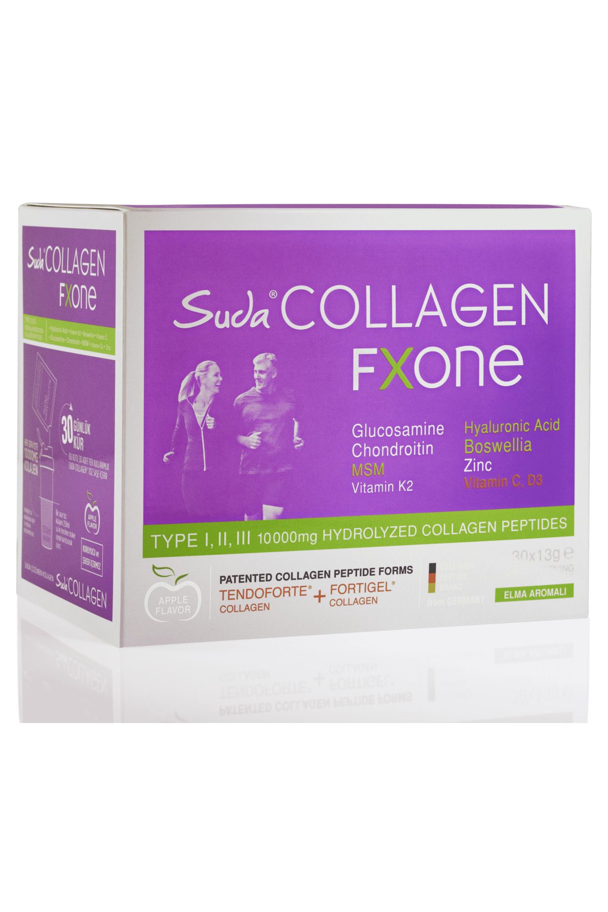 Suda Collagen Fxone Tip I,II,III Fortigel,Tendoforte Kolajen içeren Eklem,Kemik&Bağ Doku Sağlığı,Elmalı 13gx30saşe