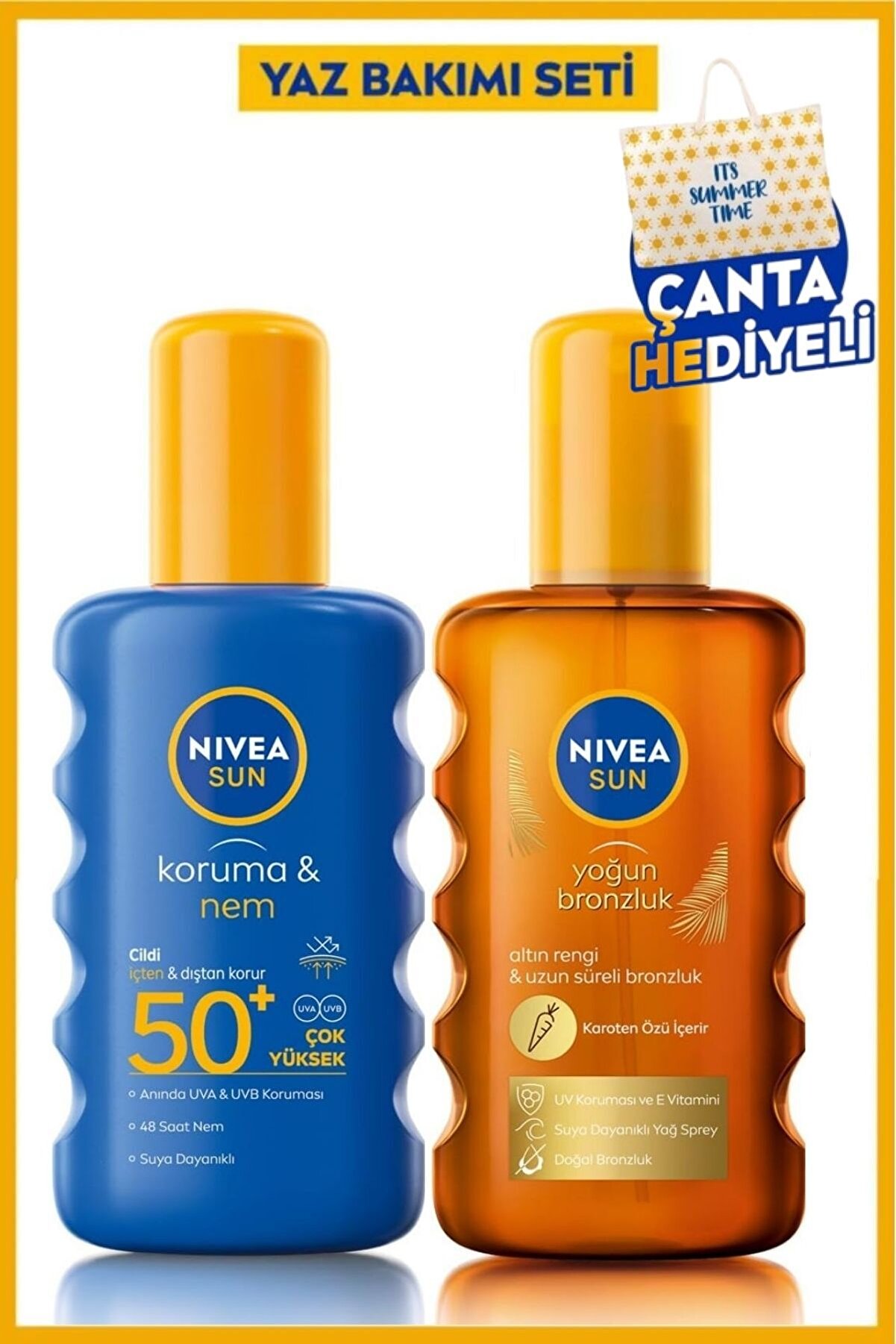 NIVEA Sun Spf50 Güneş Koruyucu Sprey 200ml + Karoten Bronzlaştırıcı Yağ Spreyi 200ml Çanta Hediyeli