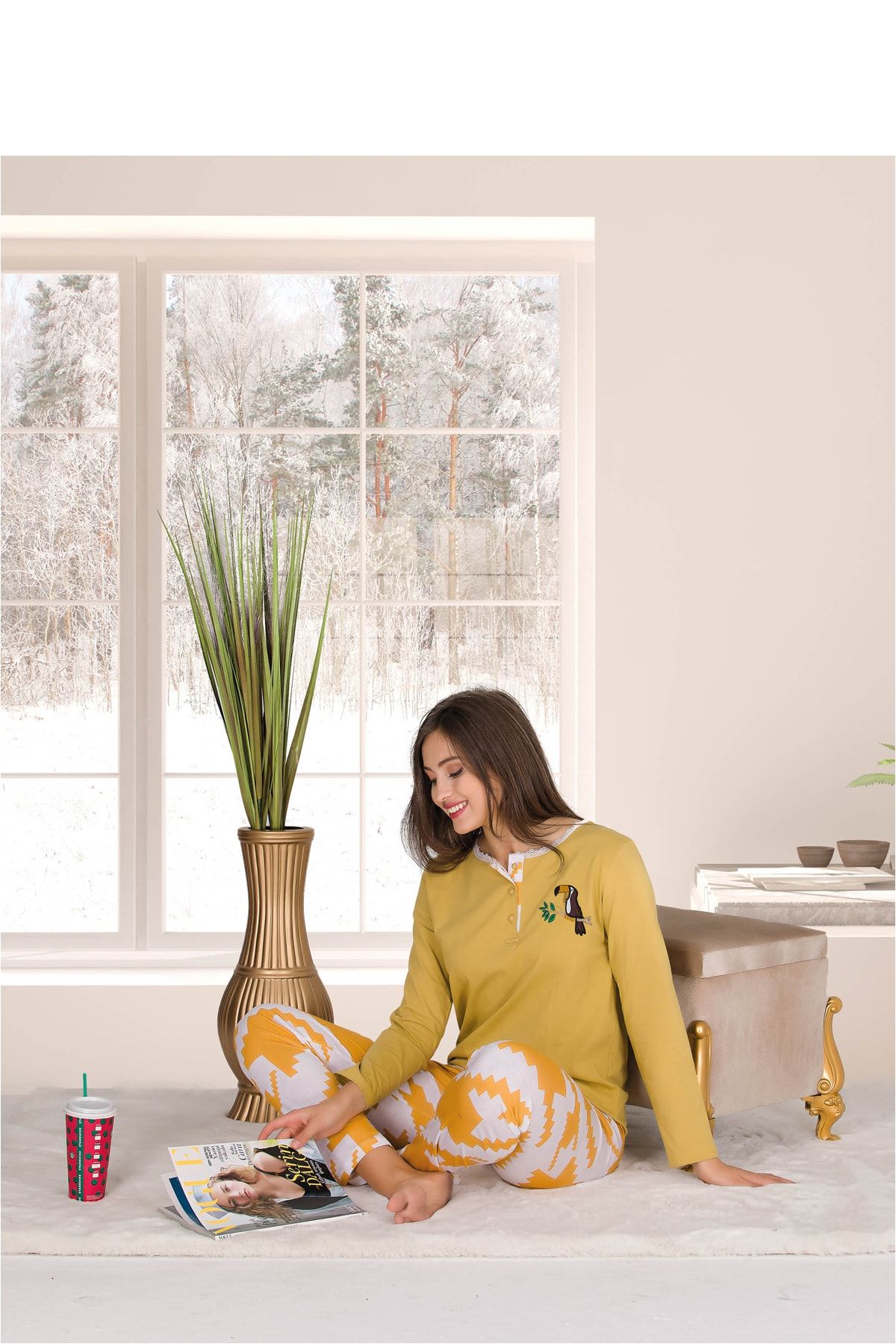 Penyelux Dantelli Sarı Altı Desenli Kadın Pijama Takımı