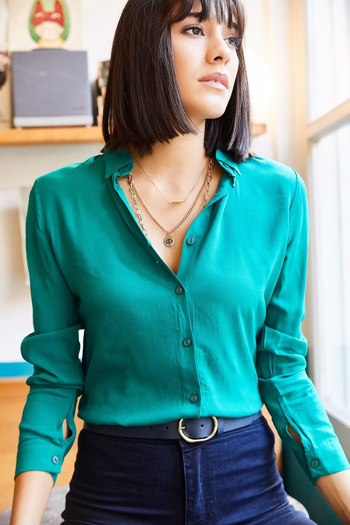 Olalook Kadın Yeşil Dokuma Viskon Regular Fit Gömlek GML-19000697