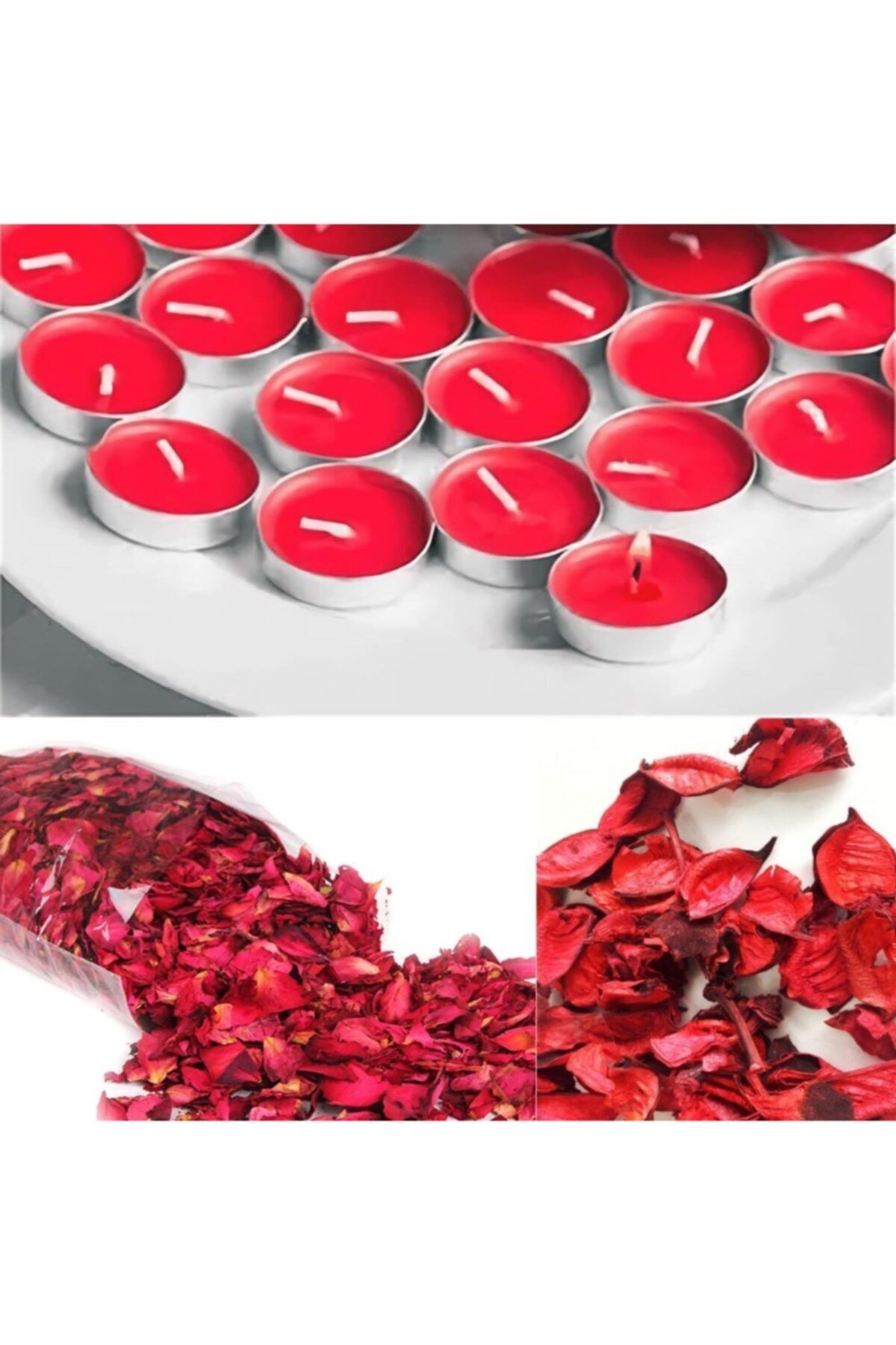 Deco Elit 1000 Adet Kuru Gül Yaprağı + 25 Adet Kırmızı Tealight Mum Romantik Süsleme