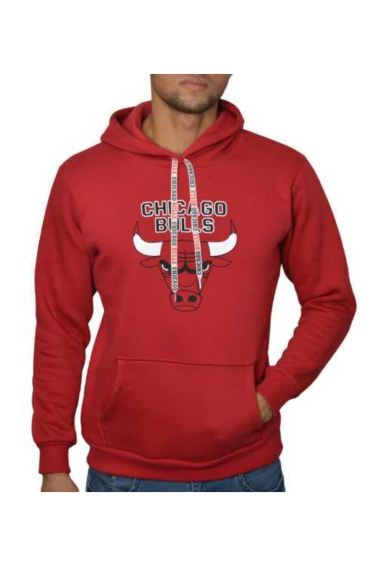 YOUWINNER Erkek Kırmızı Kapşonlu Chicago Bulls 3 Iplik Sweatshirt