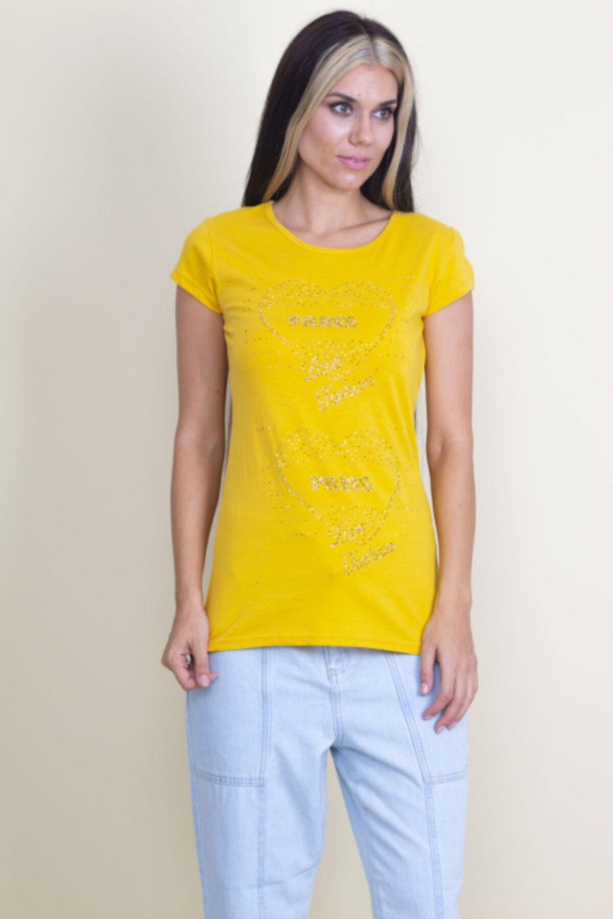 Şans Kadın Sarı Taş Detaylı Tişört 85a5414