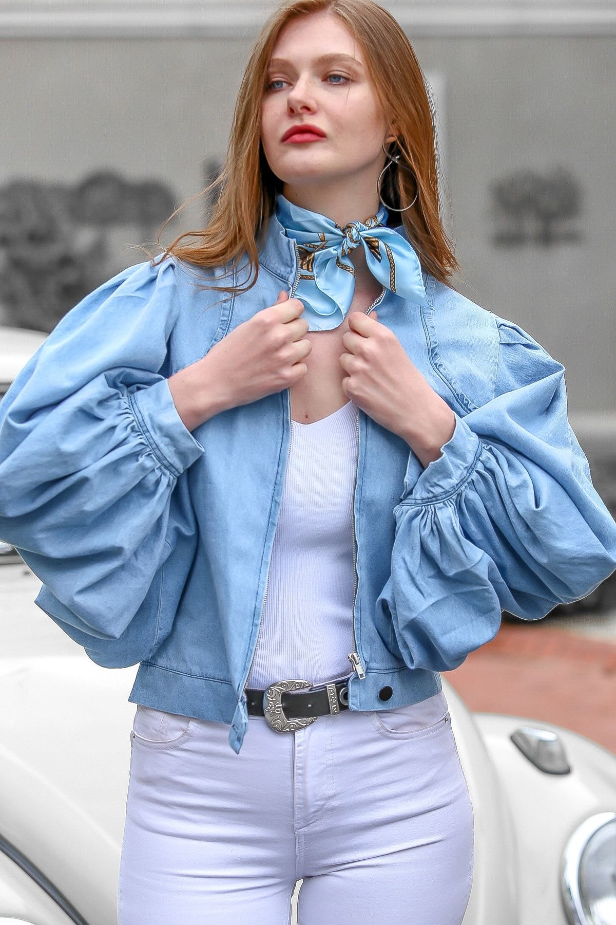 Chiccy Kadın Mavi Vintage Balon Kol Fermuarlı Denim Ceket M10210100CE99255