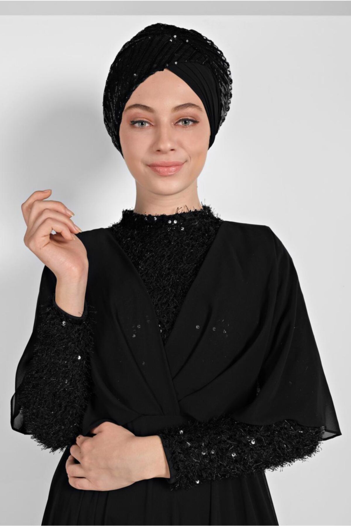 TRENDTESETTÜR Kadın Siyah Pullu Şifon Abiye Elbise 6710