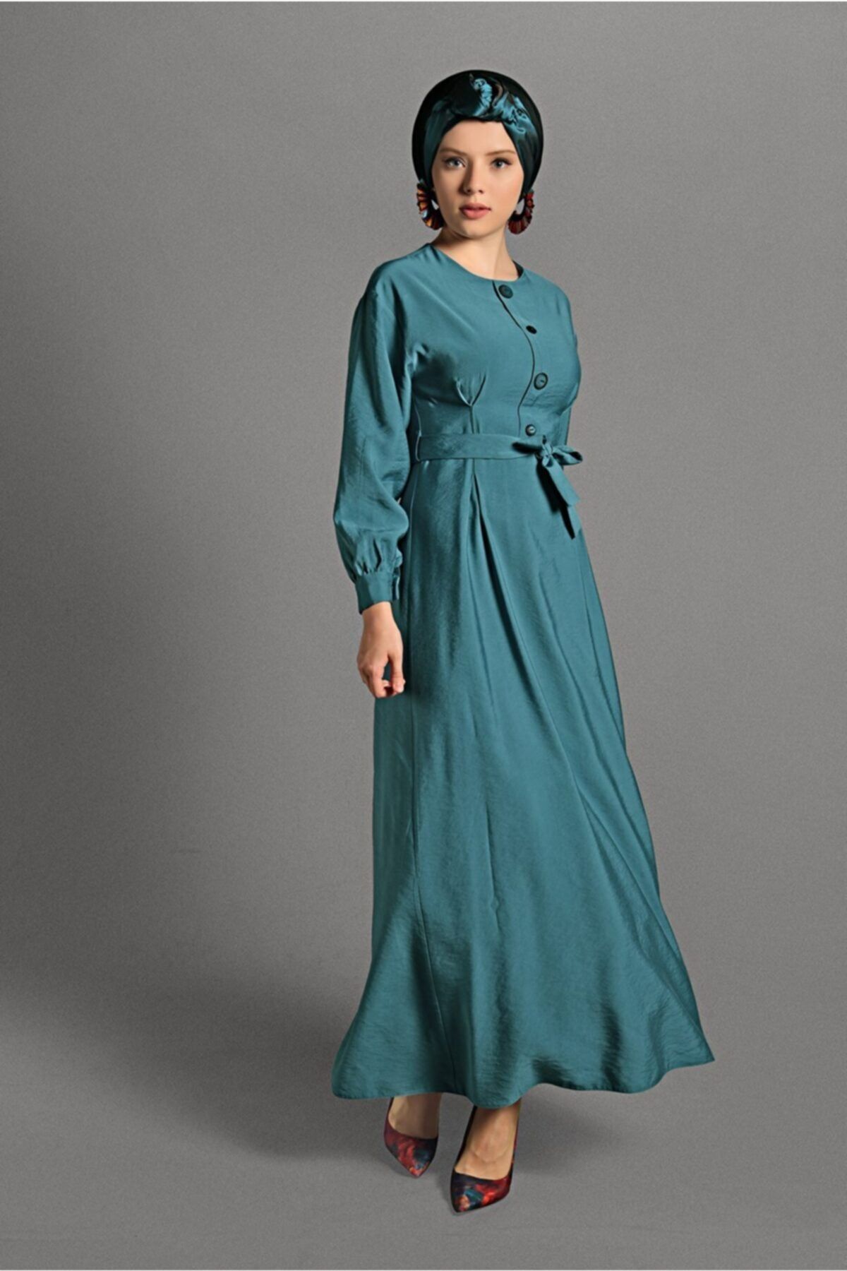 TRENDTESETTÜR Kadın Mavi (TURKUAZ) Düğme Detaylı Elbise 6244