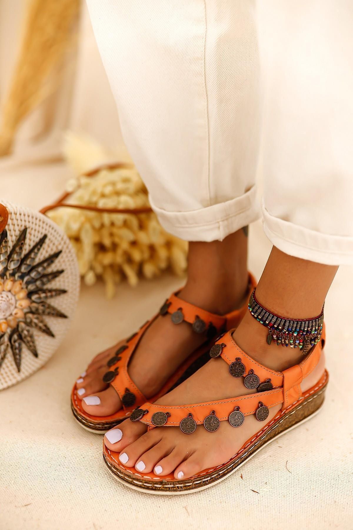 Limoya Kadın Portakal Hakiki Deri Para Detaylı Sandalet