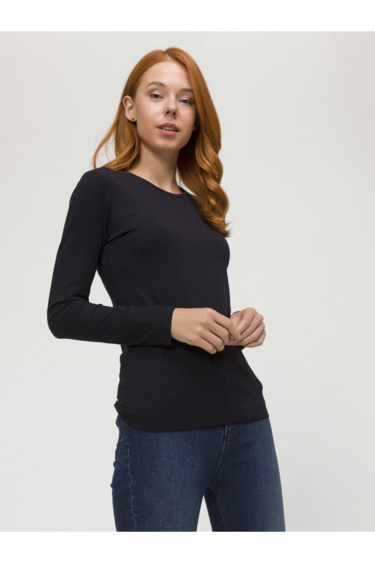 Xint Kadın Siyah Yuvarlak Yaka Uzun Kollu Modal Basic Tişört