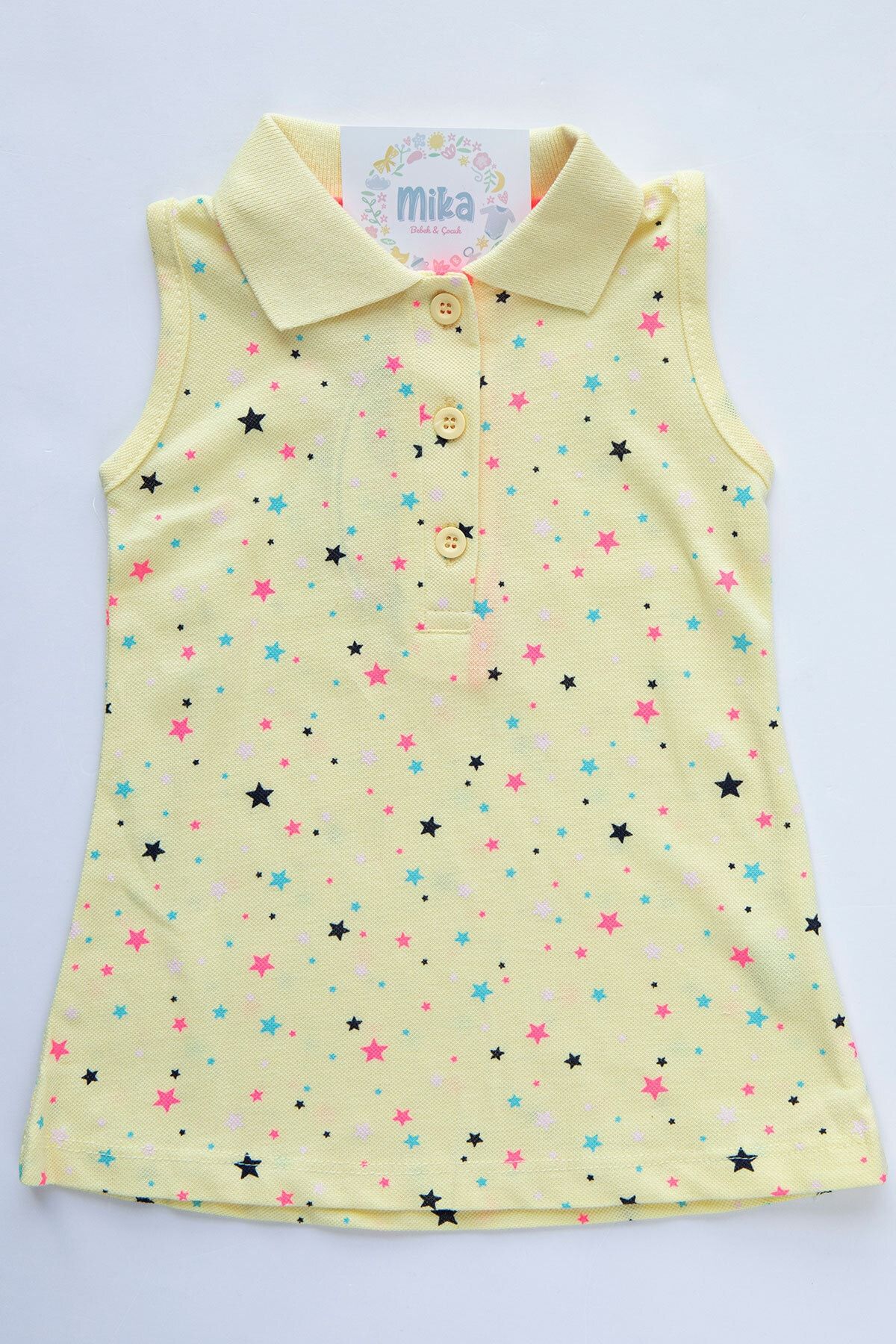 Mika Bebek & Çocuk Yıldız Baskılı Polo Yaka Kız Bebek Çocuk Sarı Yazlık Elbise