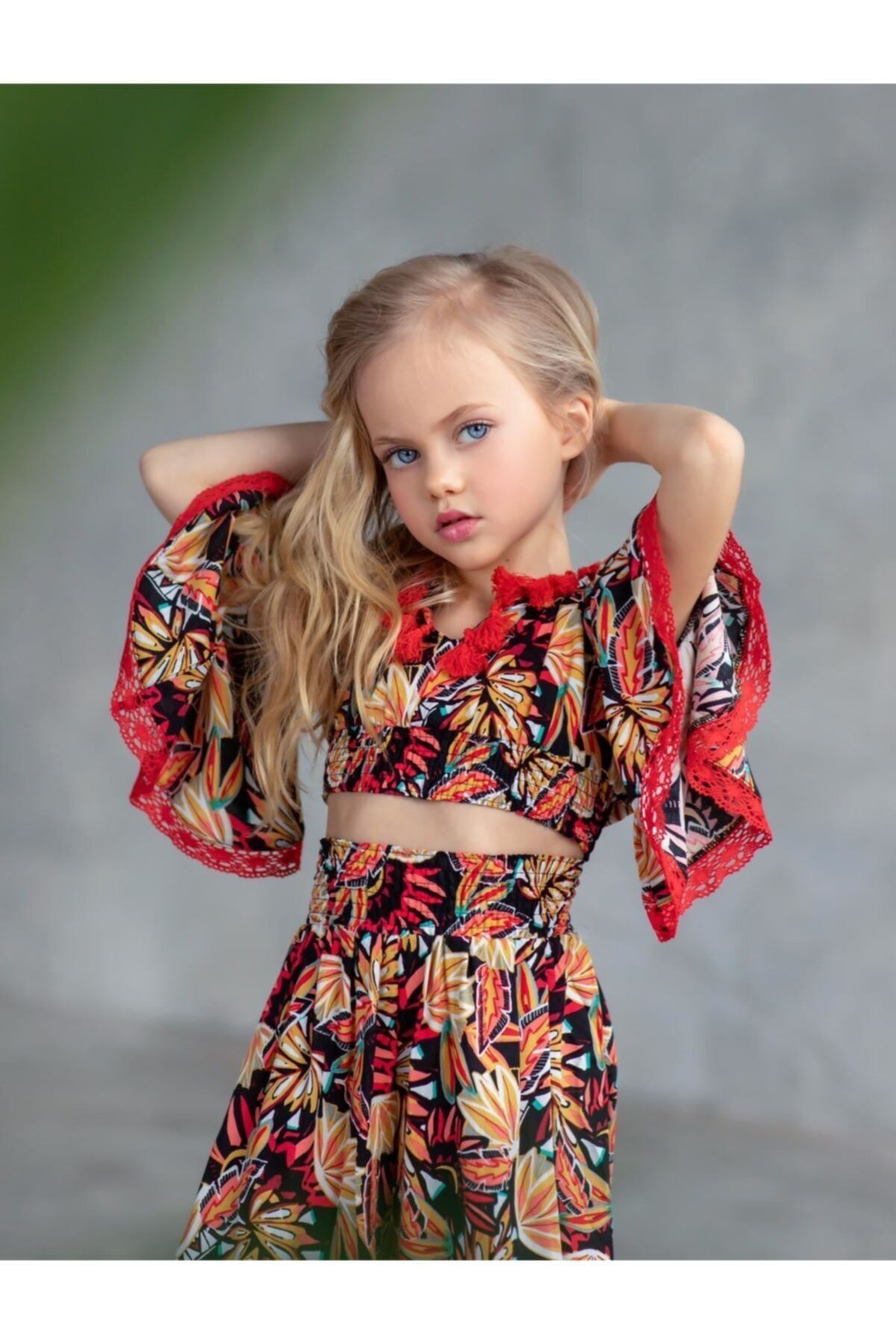 Hilal Akıncı Kids Kız Çocuk Turuncu Flemenko Model Bluz Salaş Pantolon 2li Takım