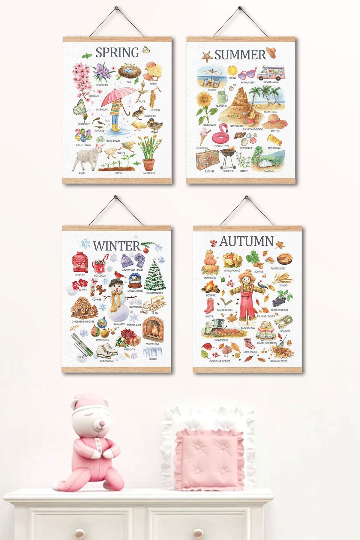 Dekor Loft Montessori Dört Mevsim Baskı Seti, Ilkbahar, Yaz, Sonbahar, Kış, Ingilizce Eğitici Poster