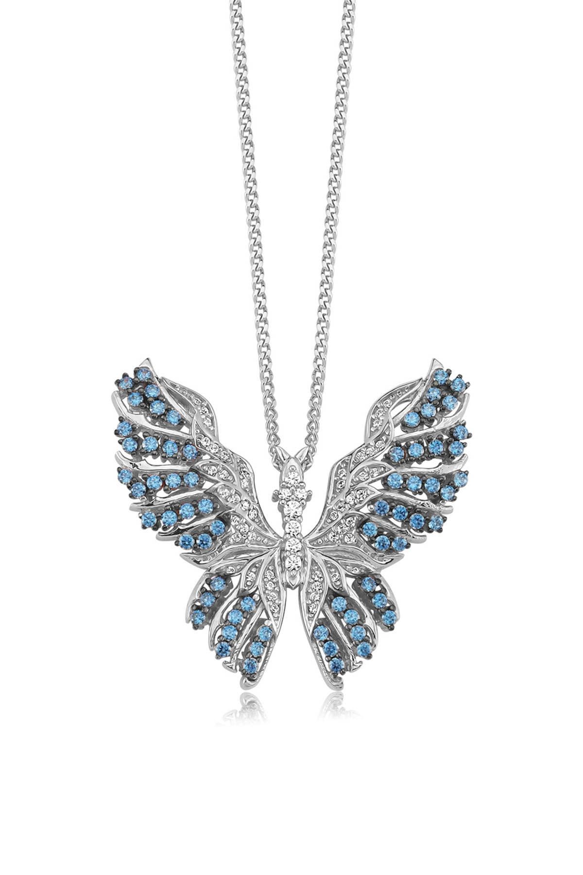 Valori Jewels Işıltılı Kelebek, Zirkon Mavi Ve Beyaz Taşlı, Gümüş Kolye