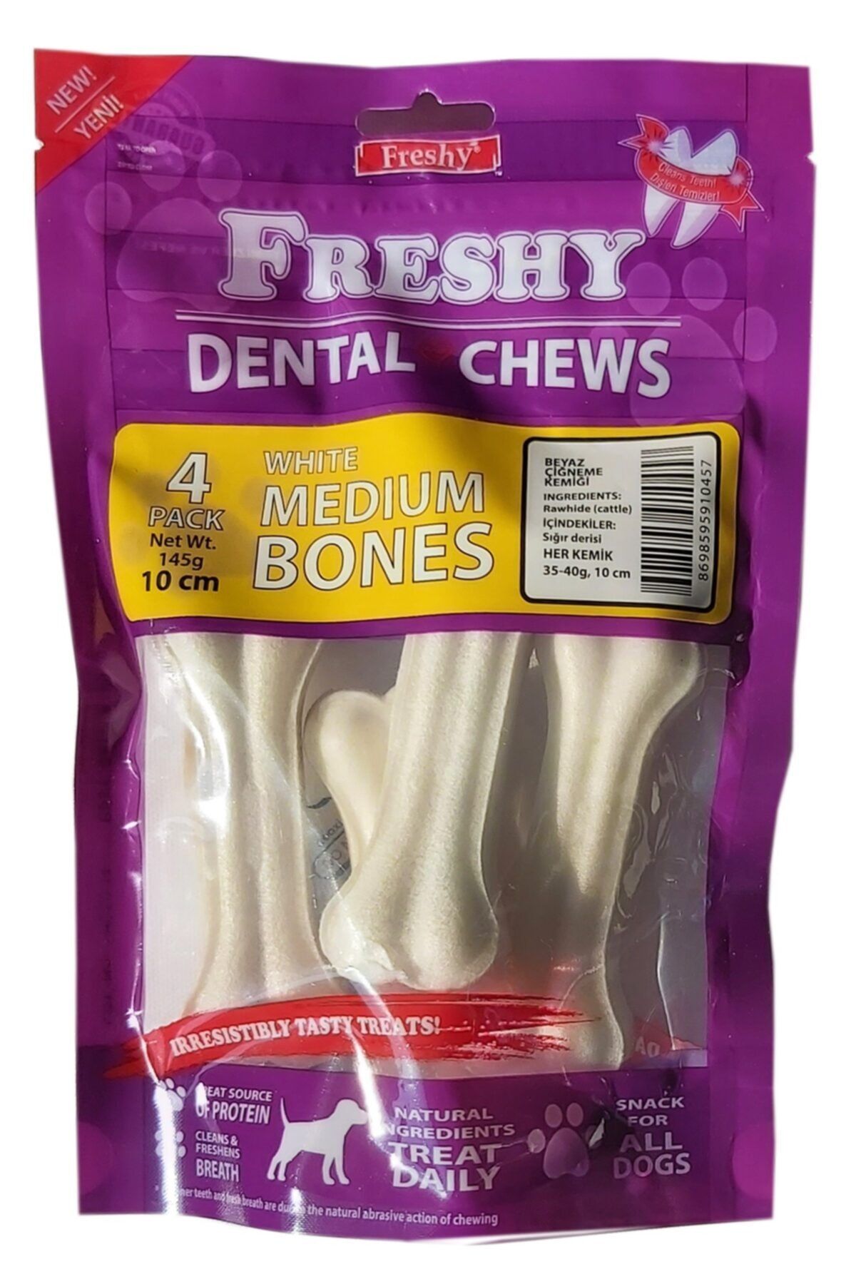 Freshy Orta Boy Beyaz Dental Pres Kemik 10 Santim 4 Inç 4'lü Paket Toplam 145 Gram