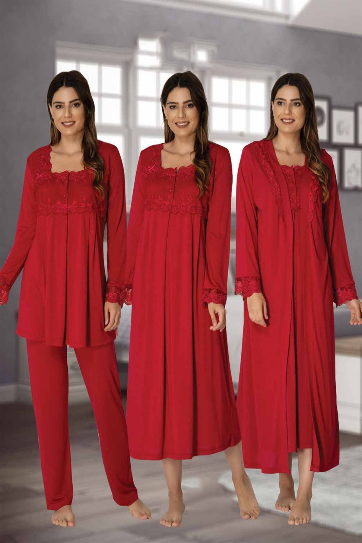 Effortt Mayss Collections 2405 Vişne Renk Gecelik Sabahlık Pijama 4'lü Takım Seti