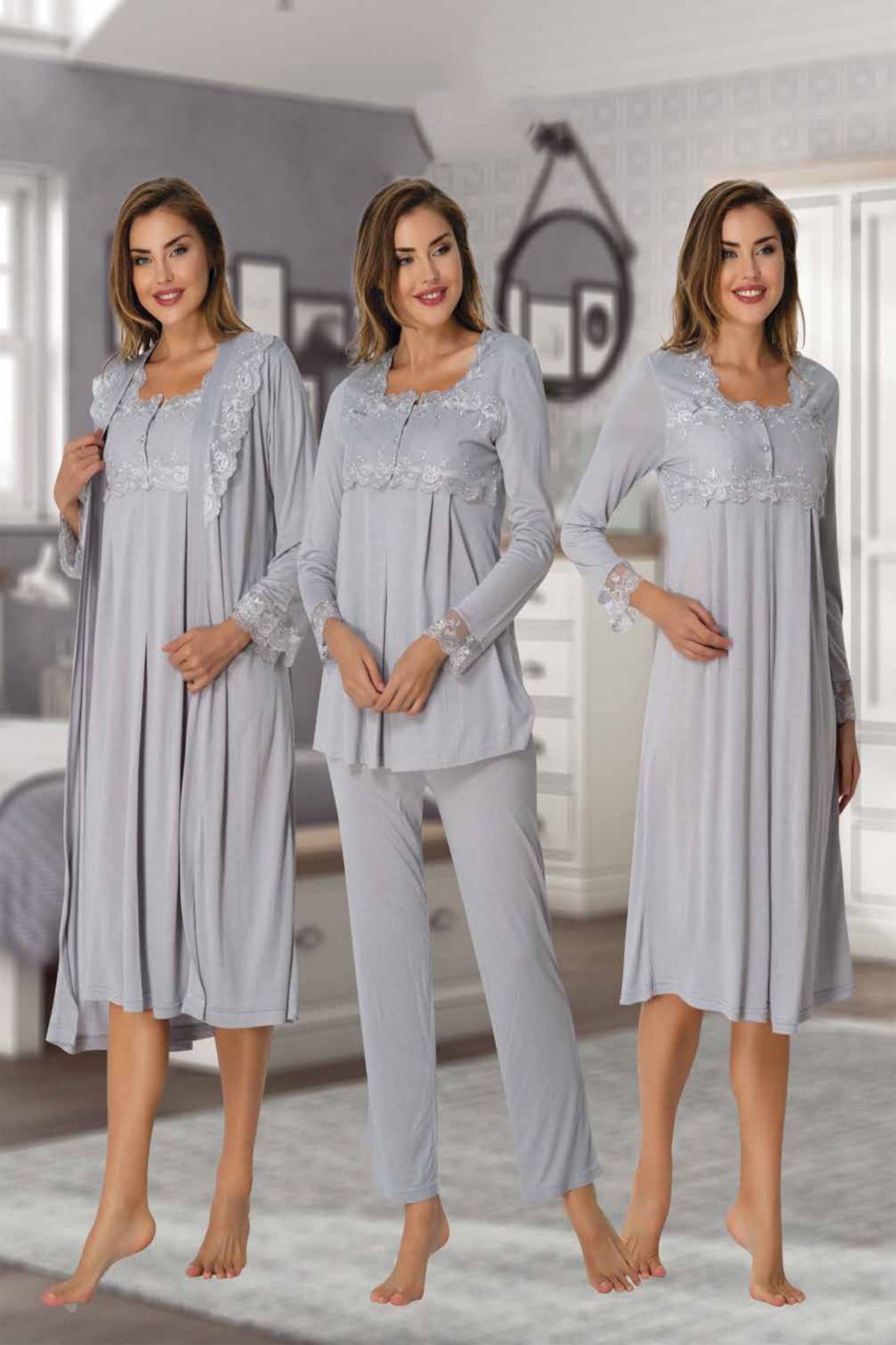 Effortt Mayss Collections 2405 Gri Renk Gecelik Sabahlık Pijama 4'lü Takım Seti