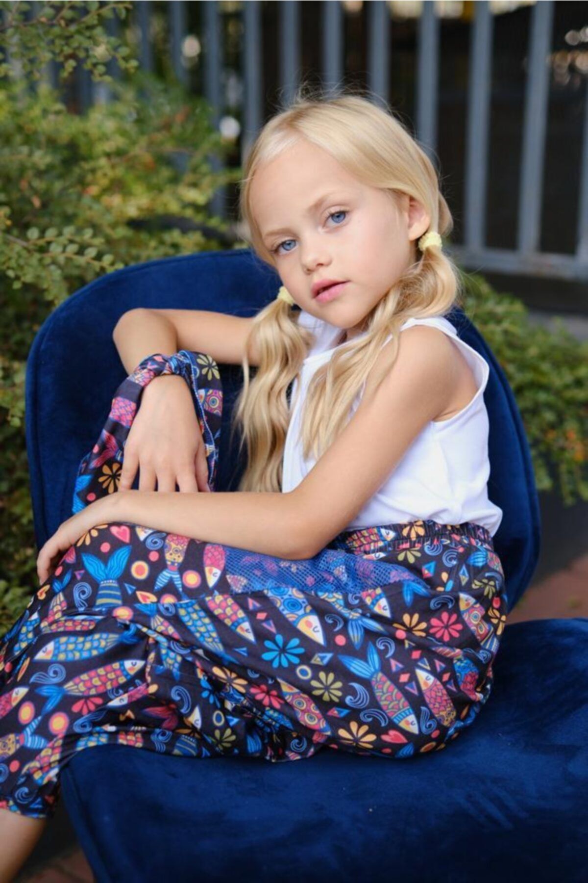 Hilal Akıncı Kids Kız Çocuk Mavi Balık Desenli Şalvar Pantolon Likralı Pamuk Penye Basıc Tişört Ikili Takım 11821