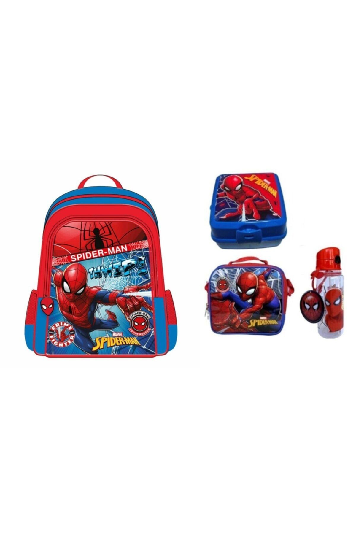 Spiderman Lisanslı Örümcek Adam Ilk Okul Çantası + Beslenme Çantası + Suluk + Beslenme Kabı ( 4'lü Okul Seti )