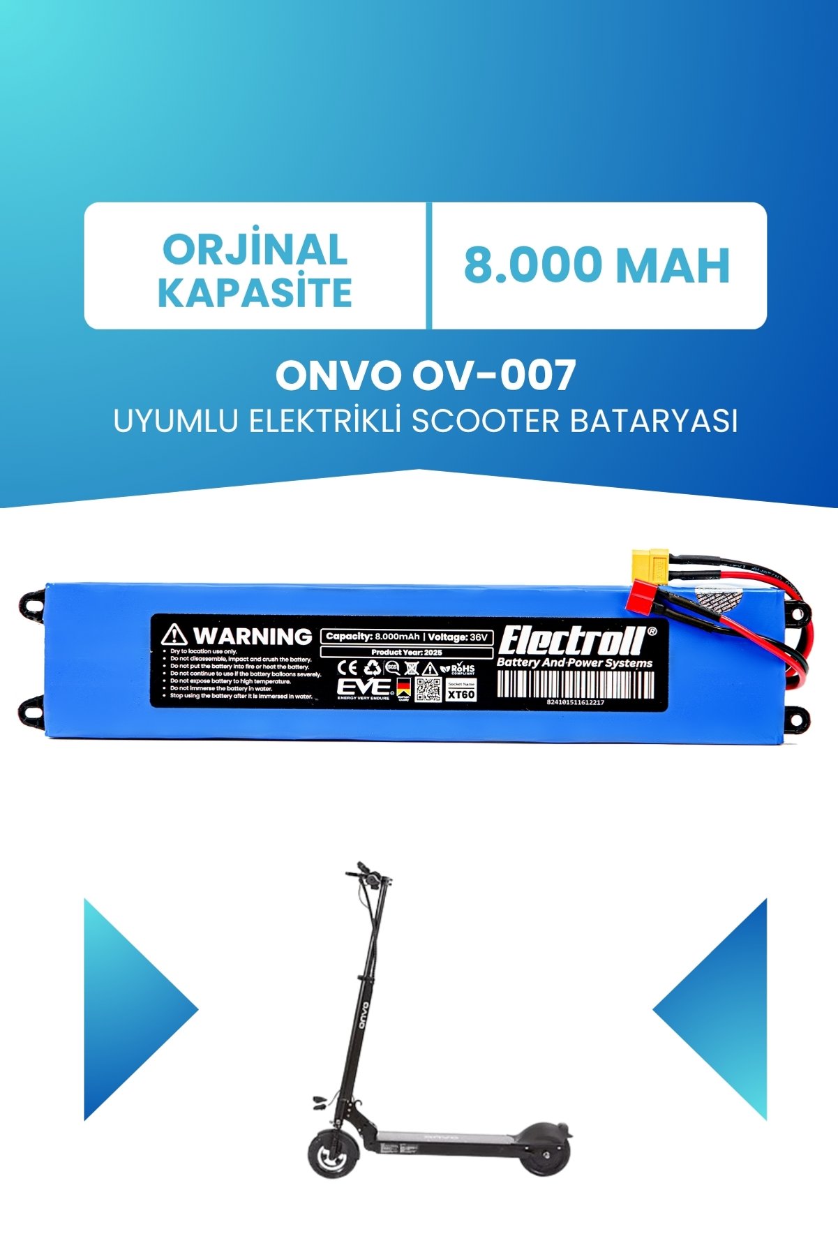 ELECTROLL Onvo OV-007 Uyumlu Standart Kapasiteli Elektrikli Scooter Bataryası
