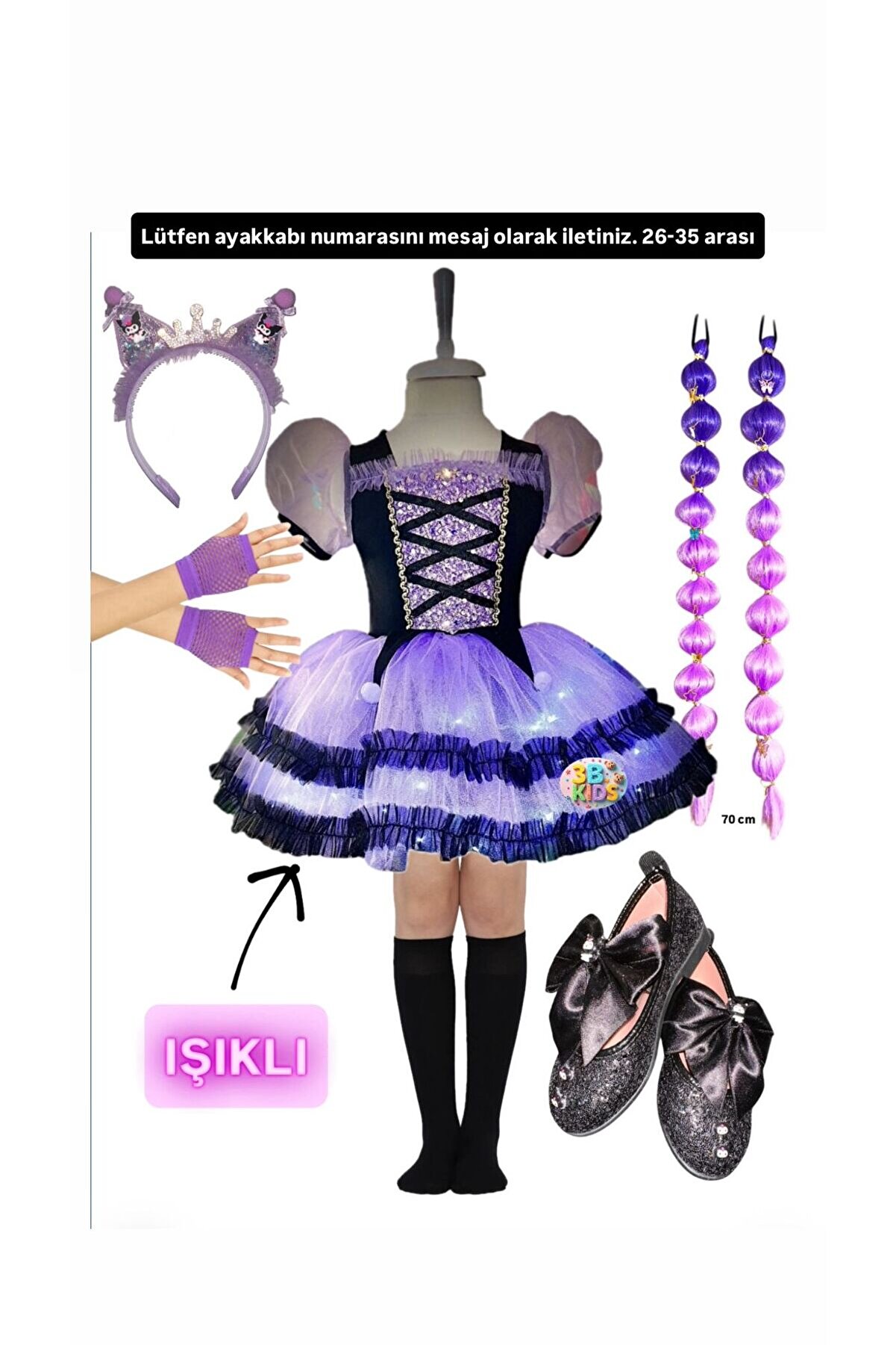 3b Kids Kuromi Işıklı Elbise Kostüm - Mor Bubble Saç ve Aksesuarlar