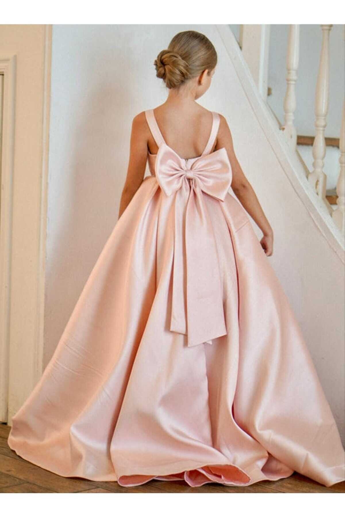Kids Nora Dress - Kız Çocuk Abiye Elbise - Kuyruklu - Fiyonklu - Kabarık - Saten Kumaş - Pembe