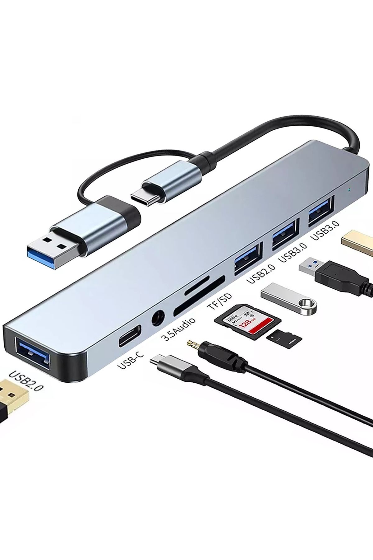 MAXGO 3122 8 Port Hub Usb 2.0/3.0 Çoğaltıcı Çoklayıcı Type C Audio 3.5 Tf Sd