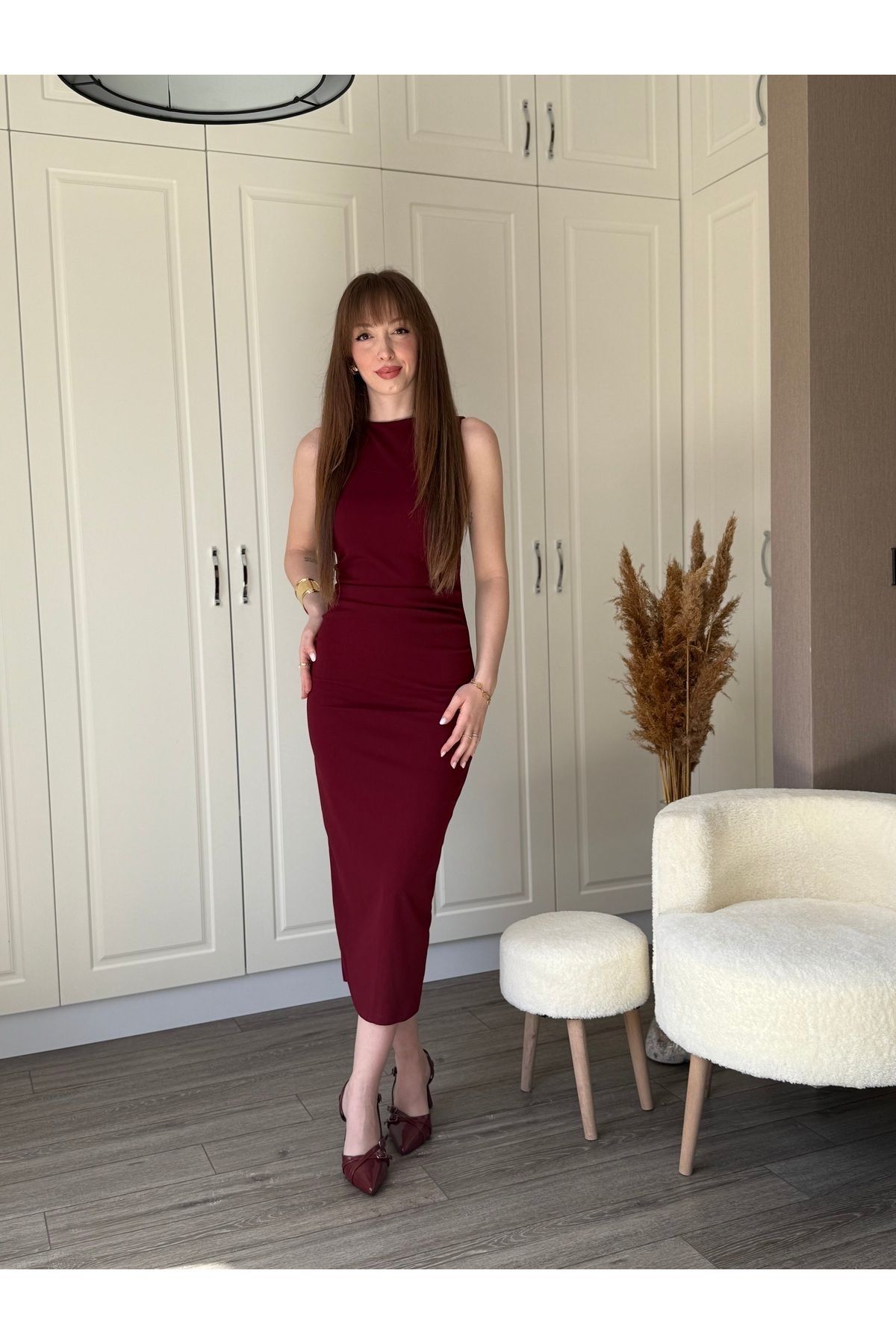 Dilay Gökoğlu Butik Drapeli Midi Bordo Elbise