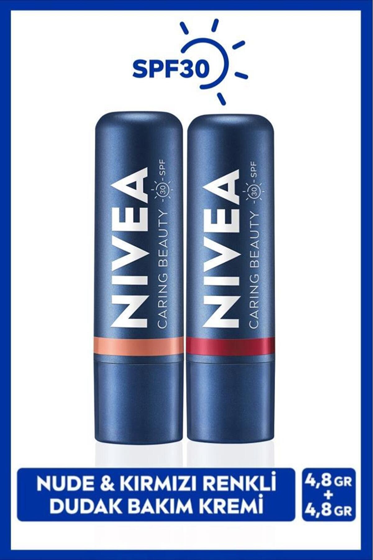 NIVEA Nude Ve Kırmızı Renkli Dudak Bakım Kremi 4.8gr, SPF30, Allık Etkisi