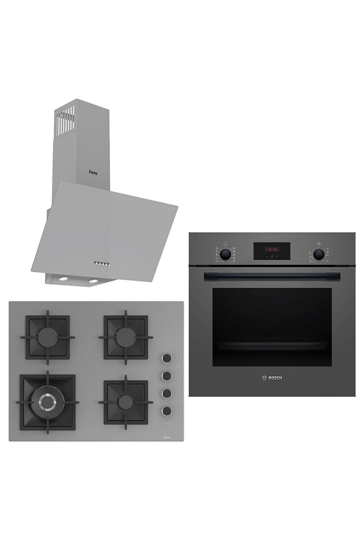 _26Ferre Grigio Wok Bek - Döküm Izgara 3 lü Ankastre Set ( HBF512BH1T - SC408 - D088 ) 65 cm Ocak