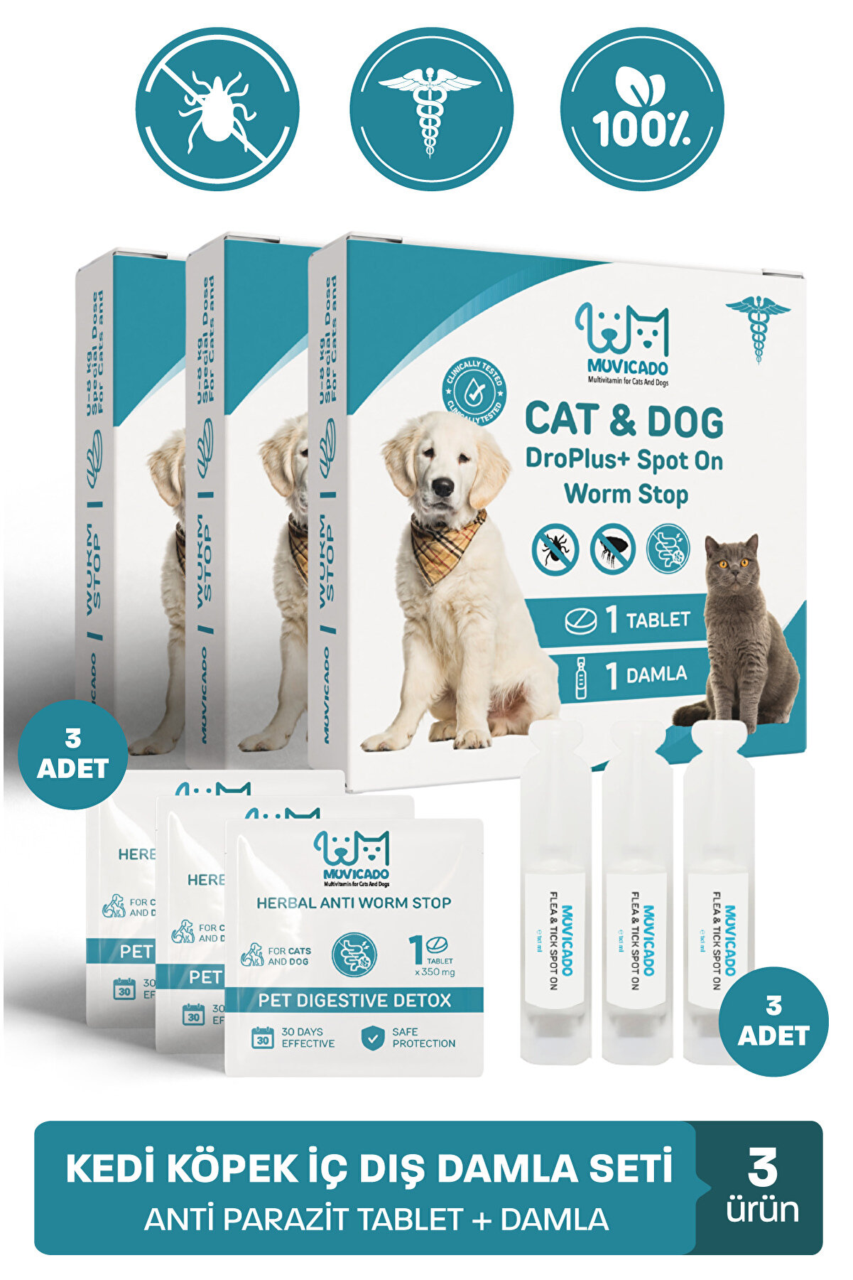 Muvicado Kedi Köpek Herbal Worm Stop Bitkisel Tablet 250 mg + Anti Spot On Damla 1 ml