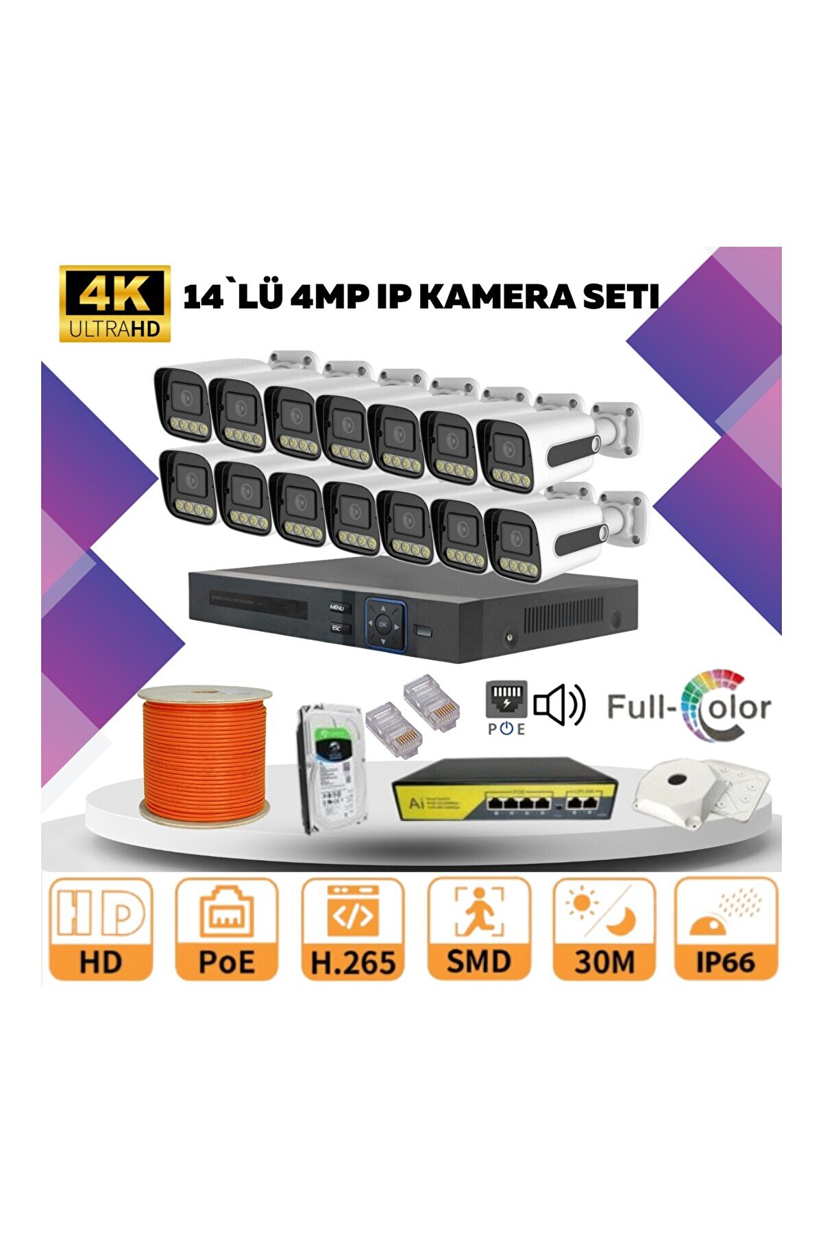 14'lü Güvenlik Ip Kamera Seti - 4mp Dış Mekan Kamera, 3.6mm Lens, H.265, Poe, Warm LED Gec