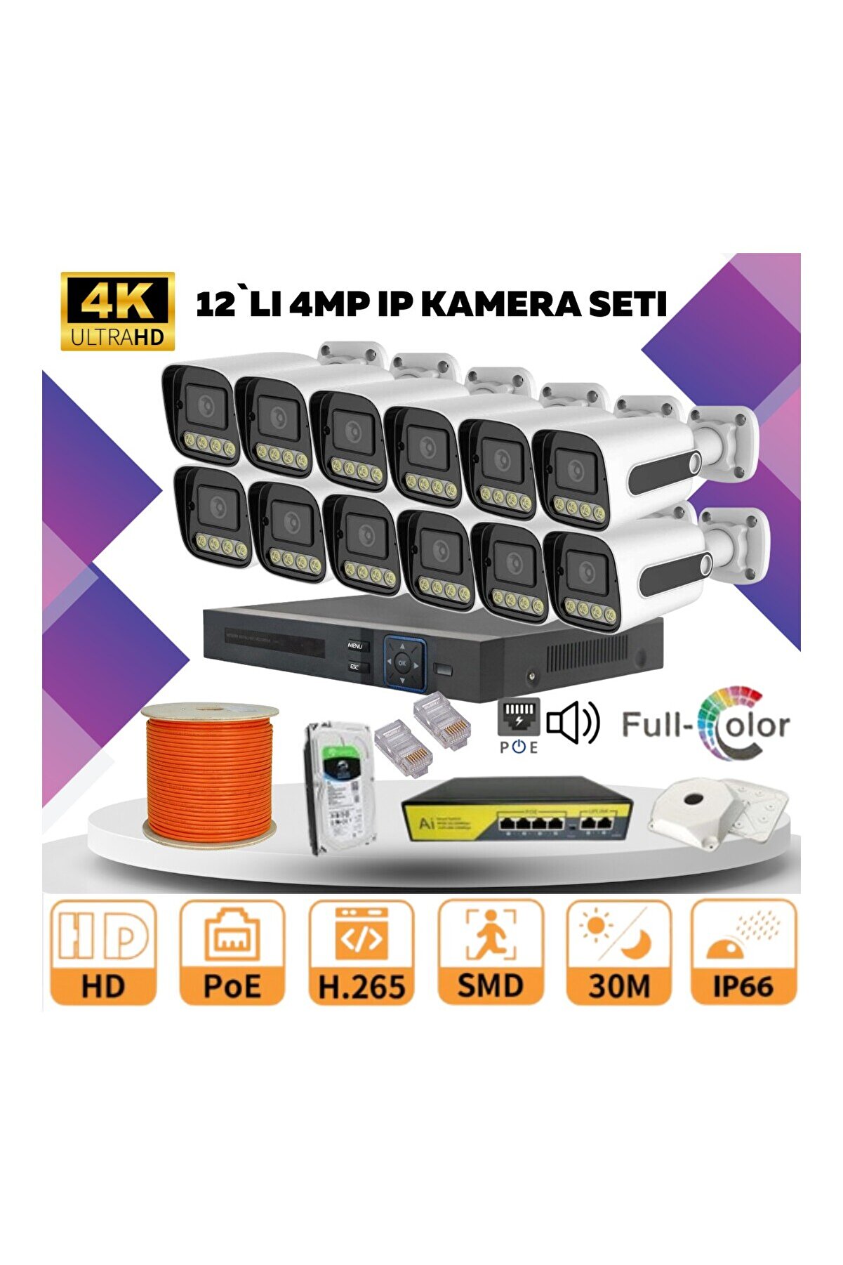 12'li Güvenlik Ip Kamera Seti - 4mp Dış Mekan Kamera, 3.6mm Lens, H.265, Poe, Warm LED Gec