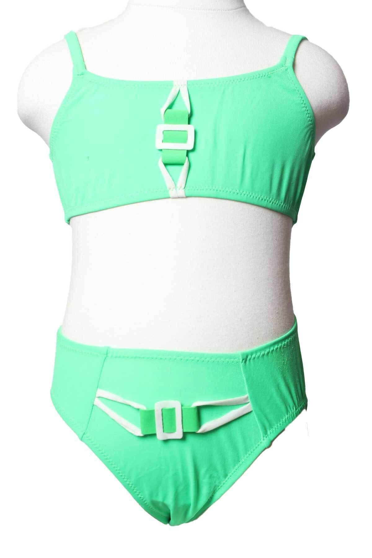 Sude Kız Çocuk Yeşil Bustiyer Model Kemer Süsleme Detaylı Alt Üst Düz Bikini Takım 243